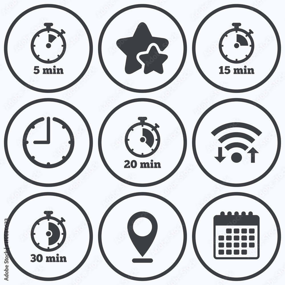 Timer icons. Five minutes stopwatch symbol. Timer icons. Five minutes stopwatch symbol.