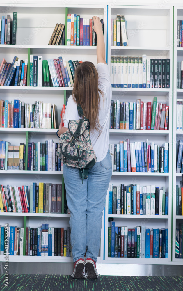 famale student selecting book to read in library famale student selecting book to read in library