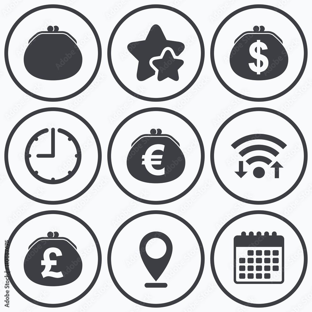 Wallet with Dollar, Euro icons. Cash bag signs. Wallet with Dollar, Euro icons. Cash bag signs.