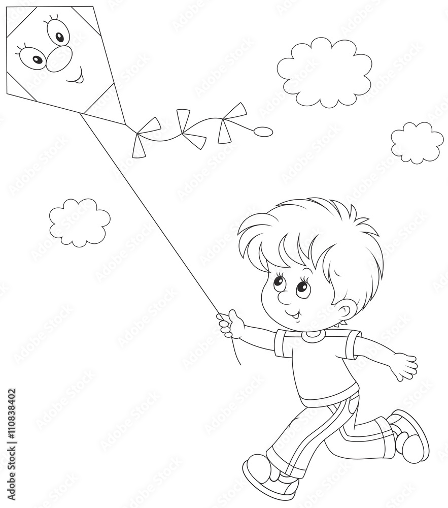 Fototapeta Little boy flying a kite