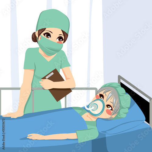 Nice female anesthetist nurse talking with old senior woman patient before surgery