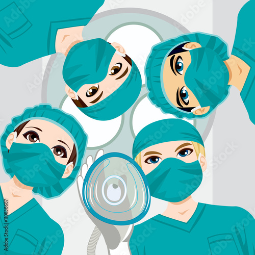 Medical team working on a surgery and doctor holding oxygen mask towards patient