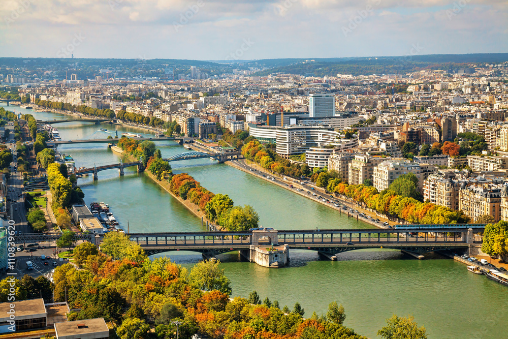 View of the bridges from the Eiffel Tower in Paris, France. Autumn time.