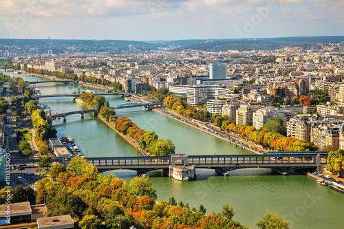 View of the bridges from the Eiffel Tower in Paris, France. Autumn time.
