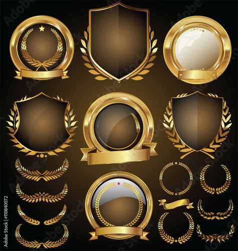 Vector medieval golden shields laurel wreaths and badges collection