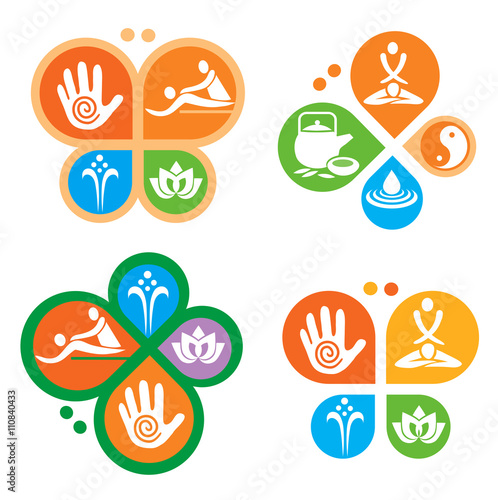 Spa massage icons.
Colorful massage and spa icons placed in the shape of a butterfly. Vector available. 
