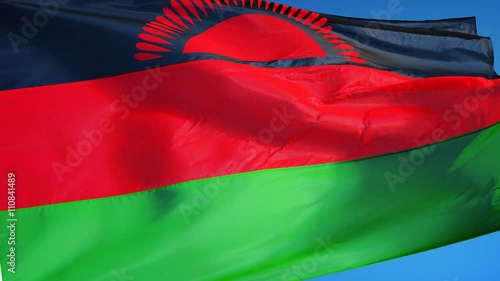 Malawi flag waving in slow motion against clean blue sky, seamlessly looped, close up, isolated on alpha channel with black and white luminance matte, perfect for film, news, digital composition photo