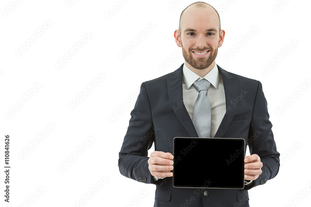 Friendly business man showing copy space on tablet computer Friendly business man showing copy space on tablet computer