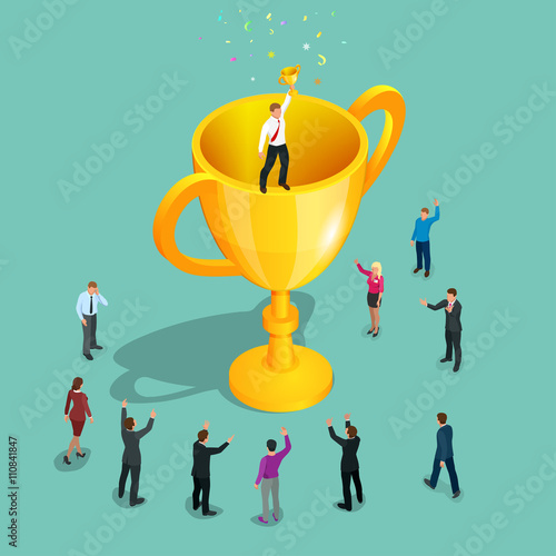 Winner. Innovative thinking, leadership. Businessman holding trophy winner cup. Successful business story concept. Flat 3d vector isometric illustration.