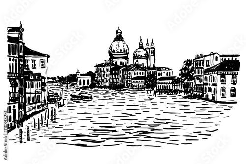 drawing background cityscape view of the Basilica di Santa Maria della Salute, the lagoon, the ships and the city around, hand-drawn sketch graphic black vector illustration