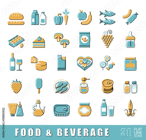 Collection of food and beverage icons. 
Set of flat line foodstuffs. Vector illustration.