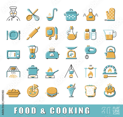 Set of premium quality food and cooking icons. 
Cooking and preparing meals. Various kitchen items. Vector illustration.