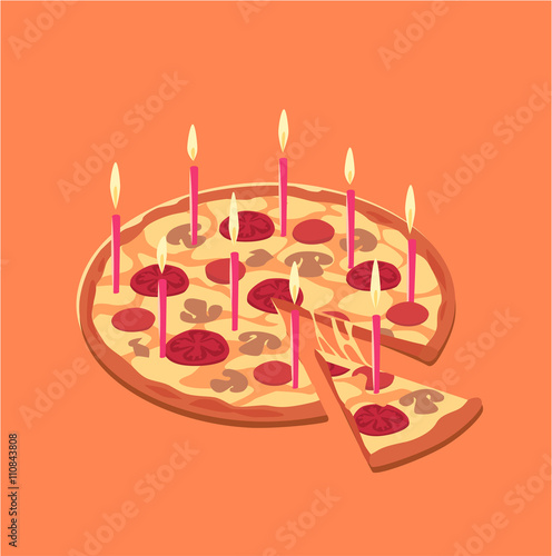 Pizza birthday cake. Concept vector illustration.