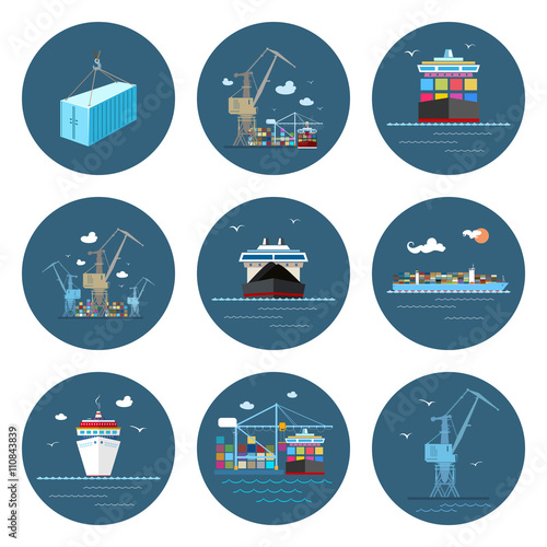 Set of Cargo Icons, Dry Cargo Ship and Container Ship, Unloading Containers from a Cargo Ship in a Docks with Cargo Crane, Container , Crane at the Port, International Freight Transportation, Vector  