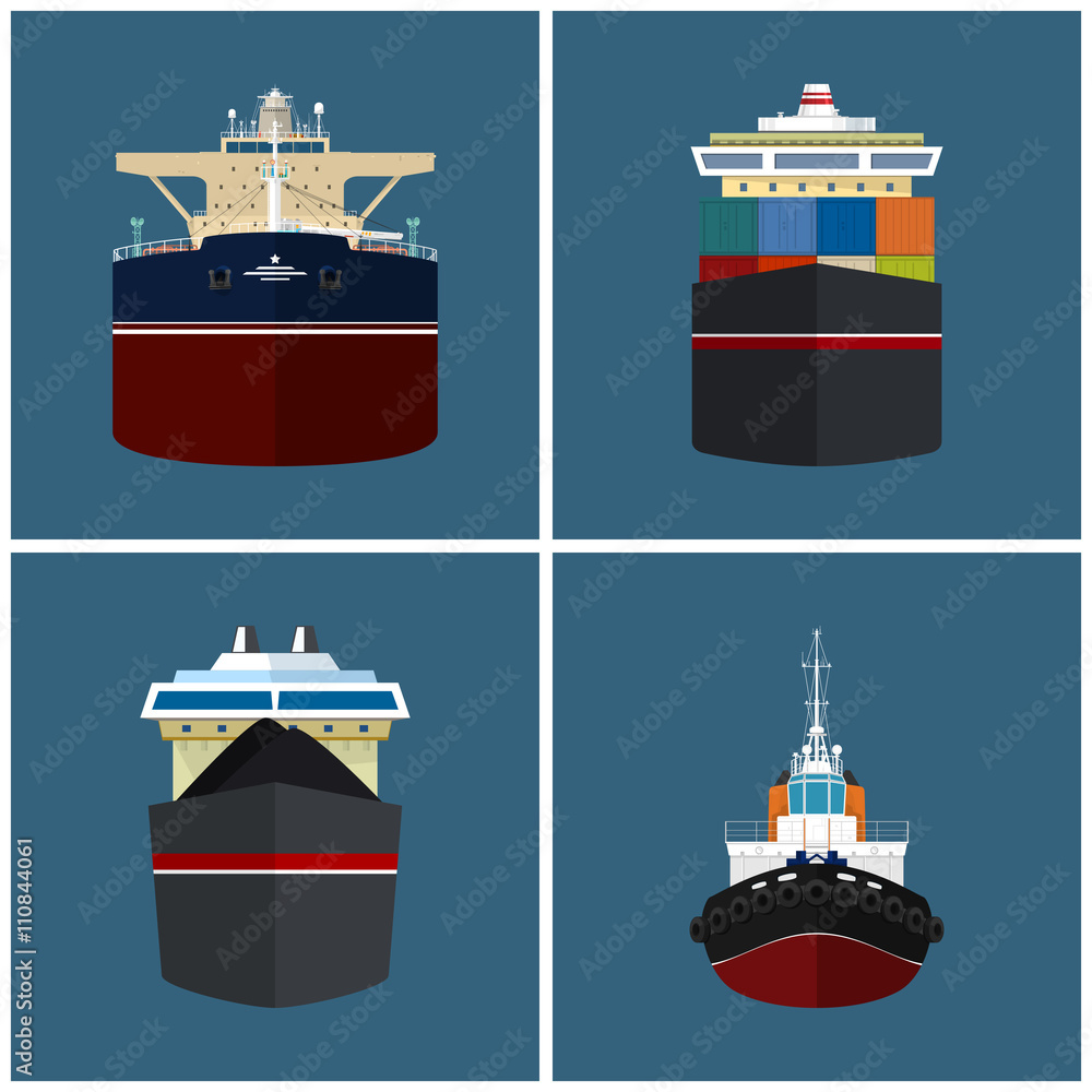 Naklejka premium Front View of the Vessel, Cargo Container Ship, Oil Tanker, Dry Cargo Ship, Tugboat, International Freight Transportation, Vessel for the Transportation of Goods, Vector Illustration