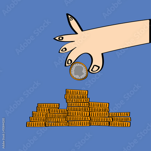 Stylized hand holding a coin and adding it to a pile of coins as a concept for savings and investment