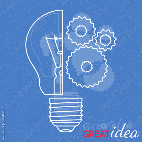 Great idea concept.  Background with bulb, cogwheels  and grunge texture. Vector illustration