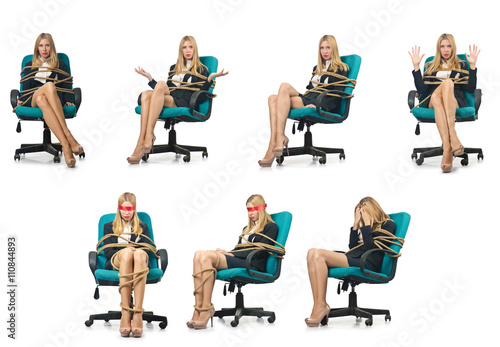 Businesswoman woman tied up with rope on white