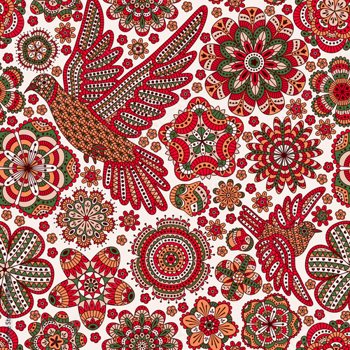 Seamless pattern with creative birds and flowers, decorative floral background, vector illustration