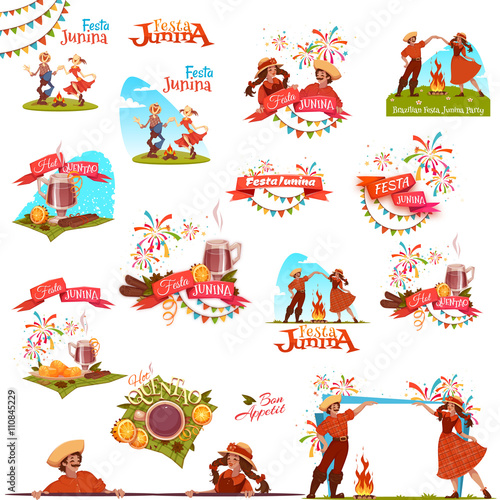 Banner set with ribbons for Festa Junina Brazil party. Vector illustration.