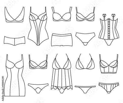 Lingerie icon set. Woman underwear isolated on the white. Colorful vector illustration