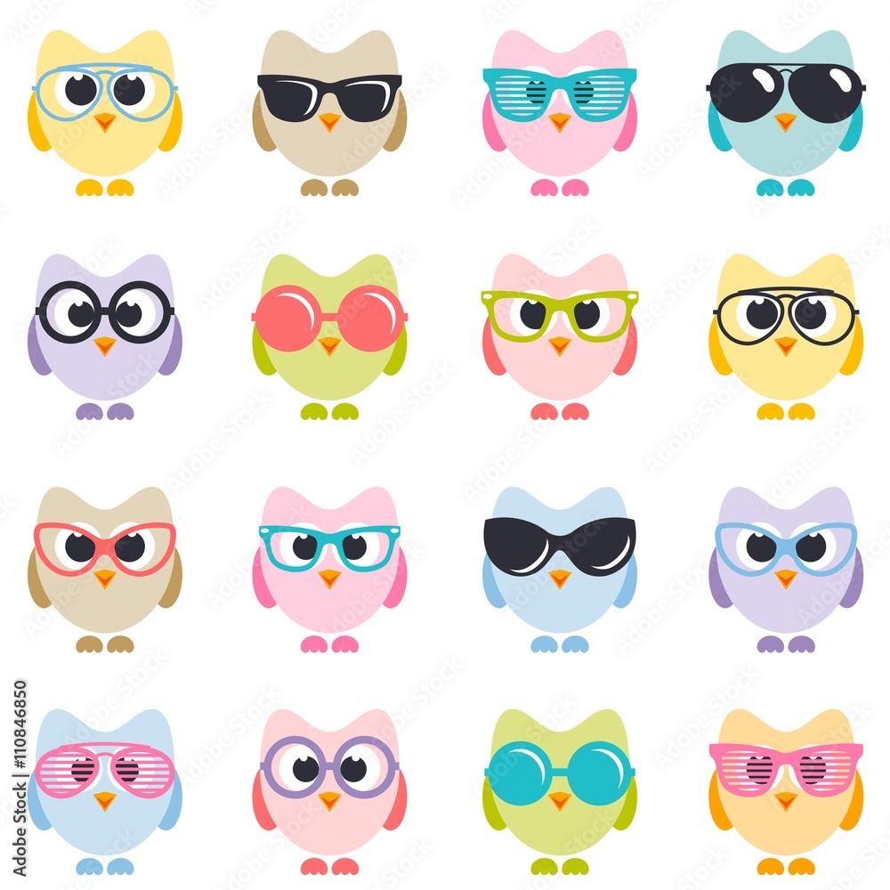 Obraz premium set of colorful owls with sunglasses