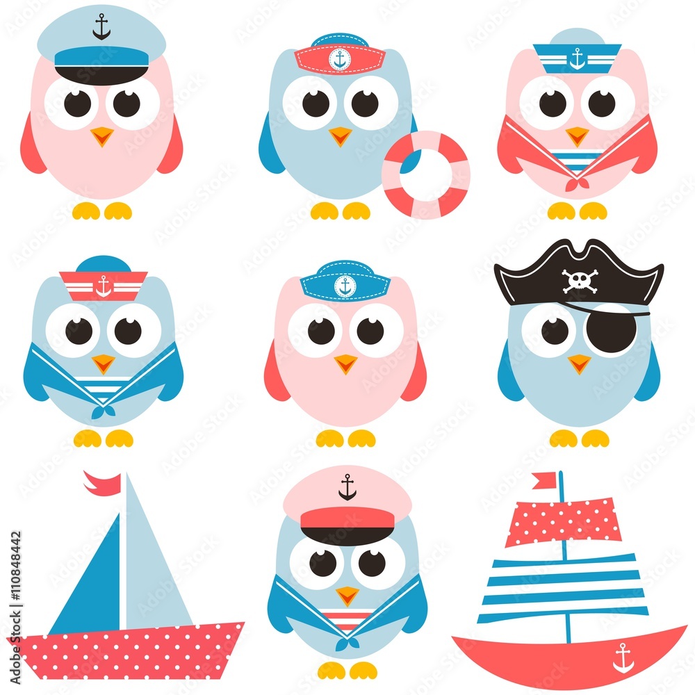 set of sailor owls and boats