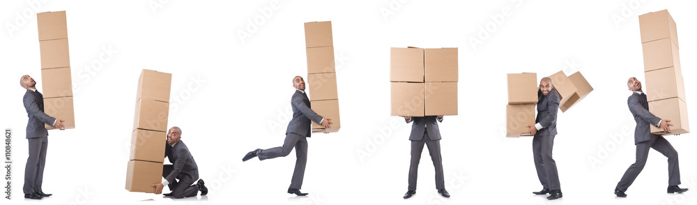 Collage of photos with man and boxes Collage of photos with man and boxes