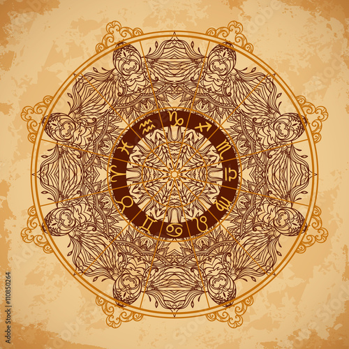 Ornate mandala and zodiac circle with horoscope signs on aged paper background. Vintage hand drawn vector illustration