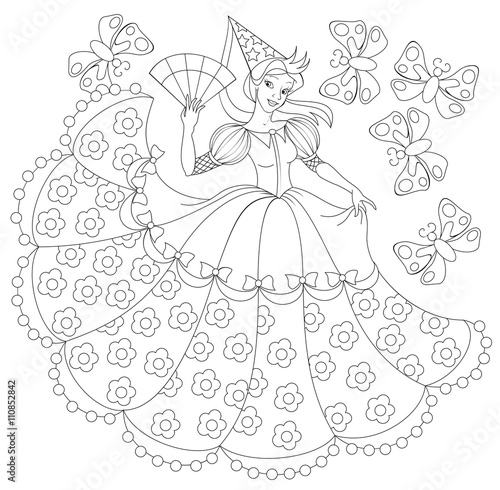 Black and white illustration of princess for coloring. Developing children skills for drawing. Vector image.