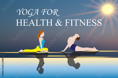 Yoga people training and meditating in warrior pose  Woman and man yoga exercising training in serene ocean landscape. Silhouette of couple against sun. Chakra pictograms on choku rei symbol

