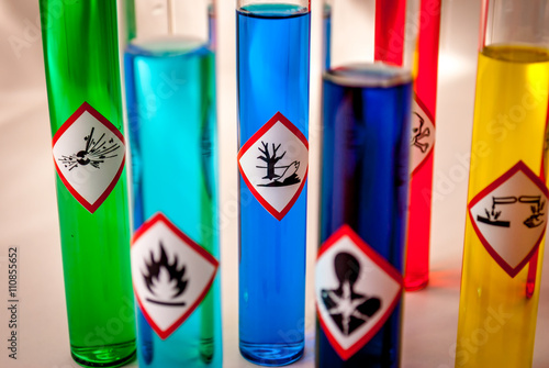 Multicolored Chemistry vials - Focus on hazardous to the environment danger photo