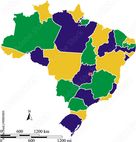 Brazil map vector outline with scales of miles and kilometers, colored with Brazilian flag colors photo