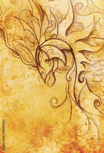 drawing of ornamental animal on old paper background and sepia color structure.