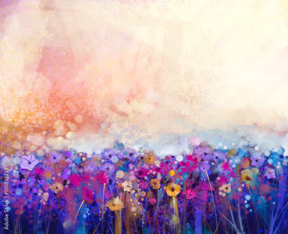 Fototapeta premium Abstract floral watercolor painting. Hand painted Yellow and Red flowers in soft color on light yellow background. Abstract flower paintings in the meadows. Spring flower seasonal nature background