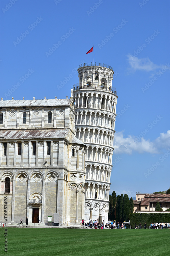 Leaning Tower of Pisa behind Cathedral transept