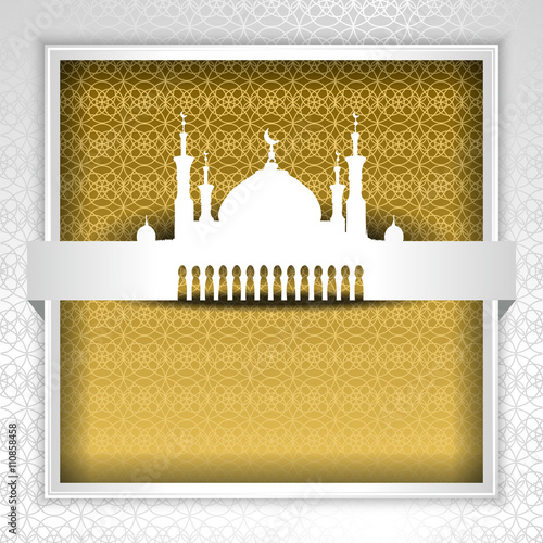Silhouette of Mosque with Minarets on the Arabic pattern background. Concept for Islamic Muslim holiday for celebration holy month of Ramadan Kareem, Eid Mubarak, Mawlid birthday of prophet Muhammad