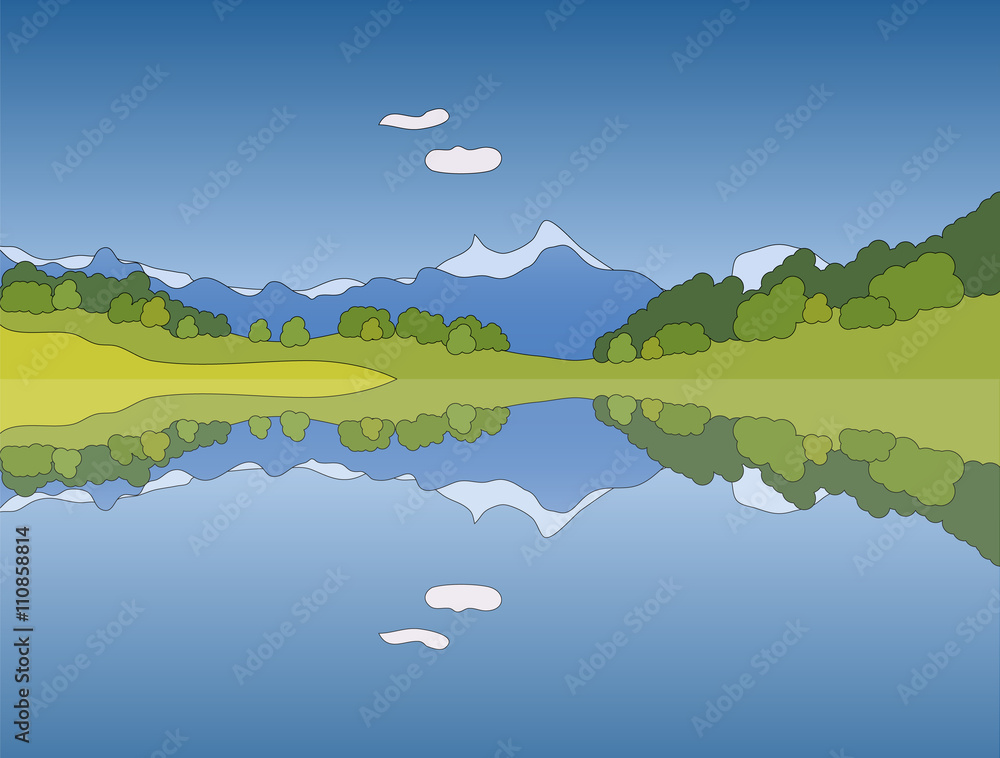 Fototapeta premium Vector mountain landscape with lake and clouds
