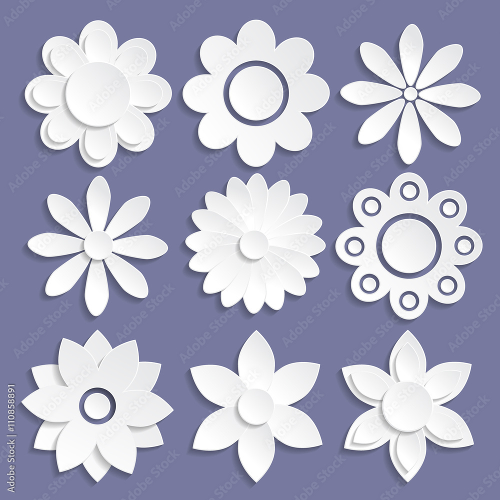 Set of paper origami flowers on violet  background