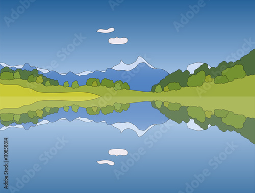 Vector mountain landscape with lake and clouds