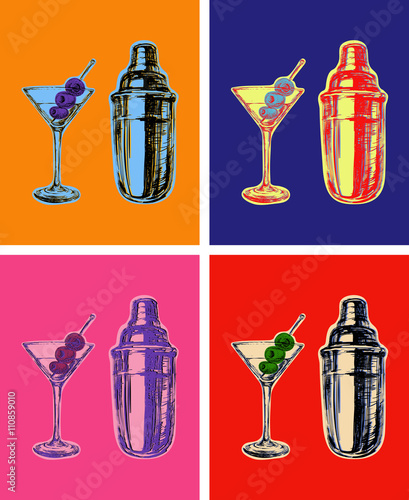 Set of Colored Martini Cocktails with Olives Shaker Vector Illustration