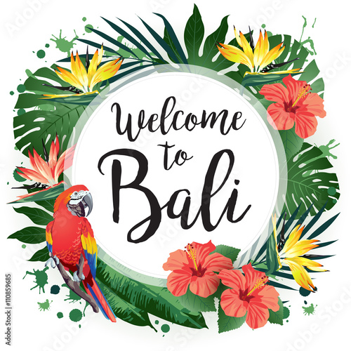 Advertising emblem with type design and tropical flowers and plants. Tropical paradise. Bali.