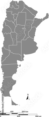 Argentina map vector outline with scales of miles and kilometers in gray background