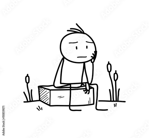 The Thinker, a hand drawn vector doodle illustration of a stick figure pondering about something.