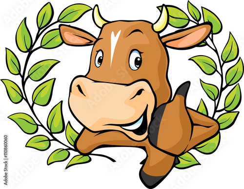 Funny cow peeks out from behind a white surface - vector cartoon illustration...Funny cow in laurel wreath show thumb up - vector cartoon illustration.