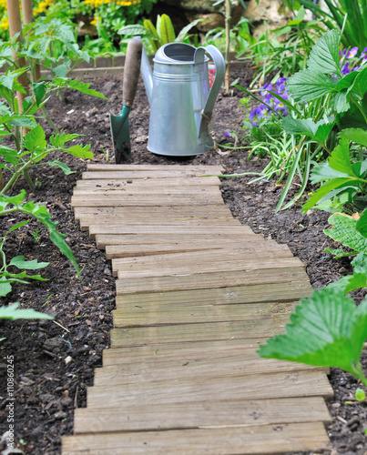 allée en bois dans potager menant à un arrosoir,