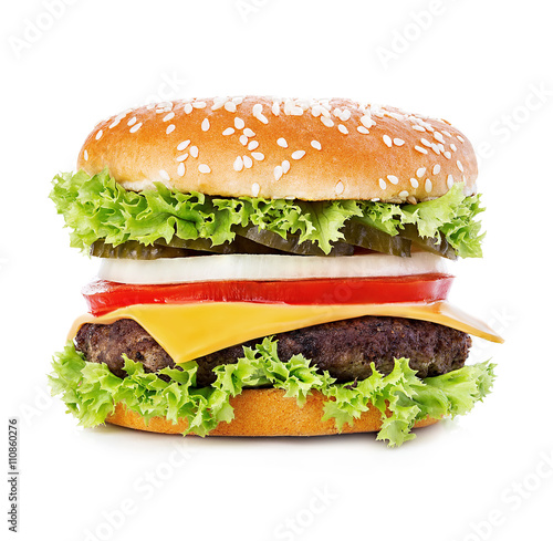 Big burger, hamburger, cheeseburger close-up isolated on a white background.