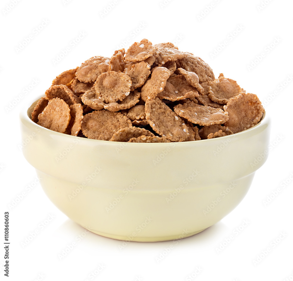 Bowl with grain cereal flakes on the white background. Bowl with grain cereal flakes on the white background.