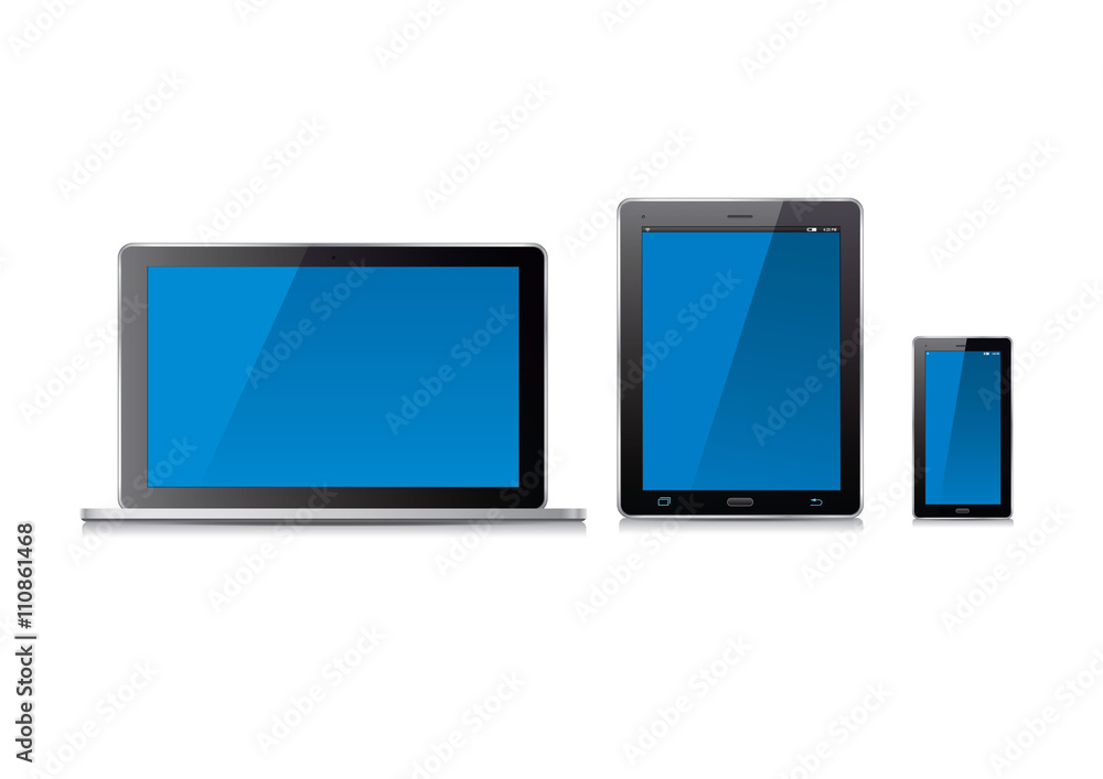 Laptop computer, tablet and blue screens. Vector Illustration. Laptop computer, tablet and blue screens. Vector Illustration.