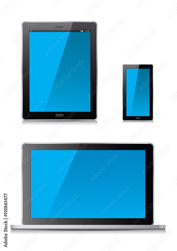 Laptop computer, tablet and blue screen. Vector Illustration. Laptop computer, tablet and blue screen. Vector Illustration.